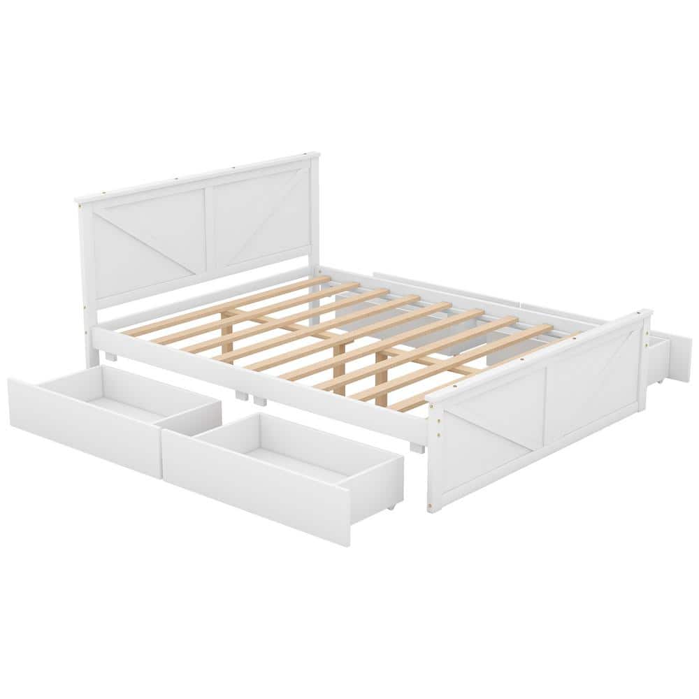 Queen Size White Pine Platform Bed with Storage Drawers