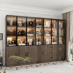 78.7 in. Tall x 110.2 in. W, Brown Wood 23-Shelf Accent Bookcase with Glass Doors, Lights, Drawers, Adjustable Shelves