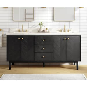 Adele 73 in. Double Sink Black Oak Bath Vanity with Calacatta White Quartz Top