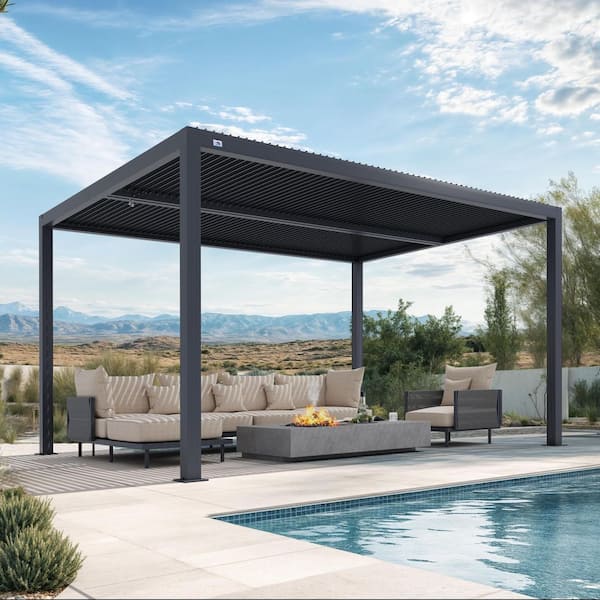 11 ft. x 15 ft. Gray Aluminum Frame Outdoor Hardtop Louvered Pergola with Adjustable Sunshade Roofs and In-Built Gutter