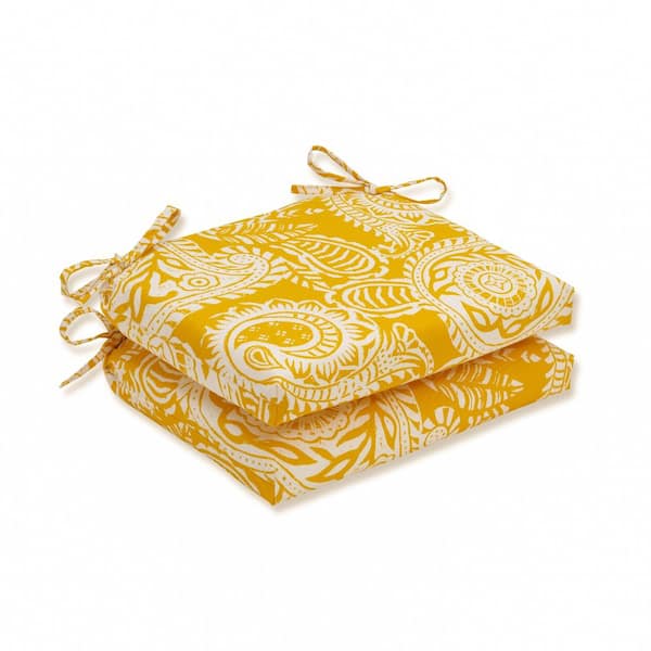 Pillow Perfect Paisley 18.5 in. x 16 in. 2-Piece Outdoor Dining Chair Cushion in Yellow/Ivory Addie