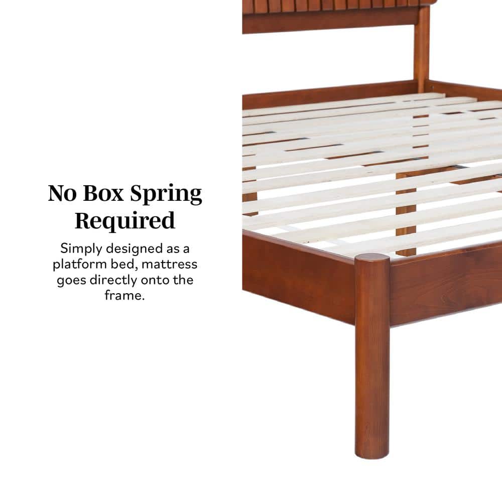 King Brown Pine Wood Upholstered Platform Bed with Slats