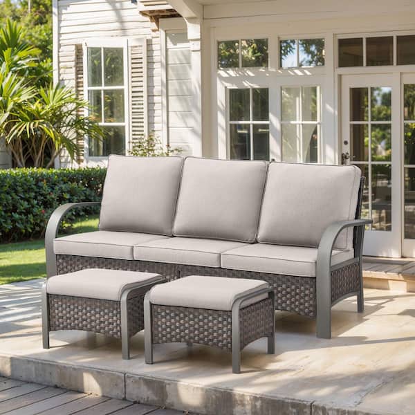 SteelCurve 3-Piece Brown Wicker Outdoor Couch Patio Conversation Set with Olefin Beige Cushions and Ottomans