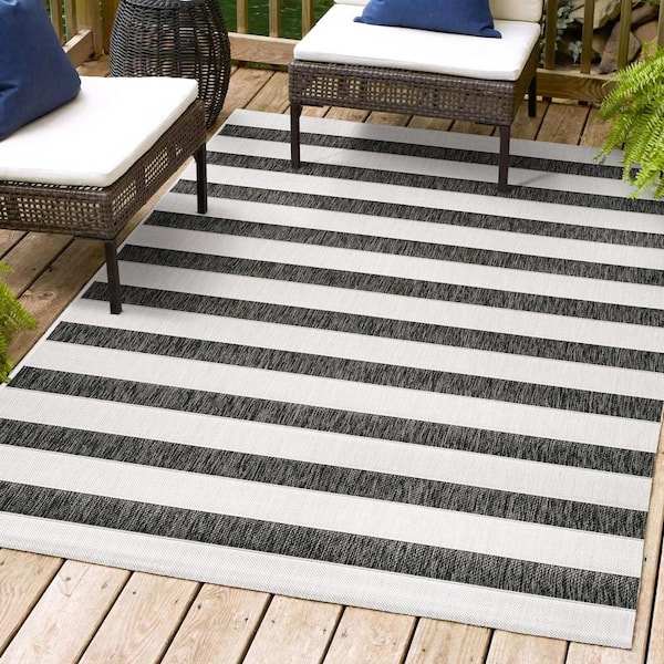 Aveiro Black/Cream 5 ft. x 8 ft. Wide Stripe Indoor/Outdoor Area Rug