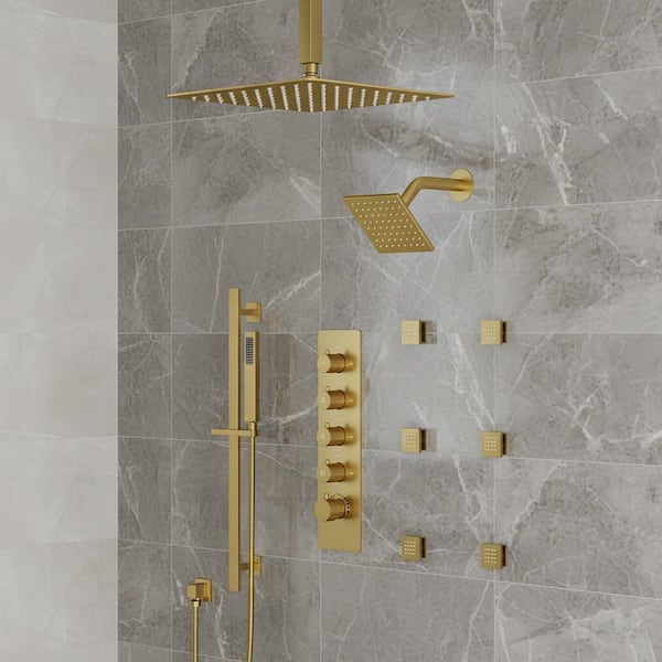 15-Spray Patterns 16 and 6 in. Ceiling Mount Dual Shower Head and Handheld Shower Head 2.5 GPM in Brushed Gold