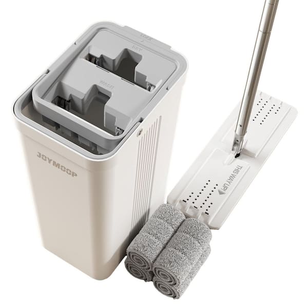 60 in. Mop and Mop Bucket Set with Wringer and 4 Microfiber Pads for Floor and Wall Cleaning at Home, White (1-Pack)