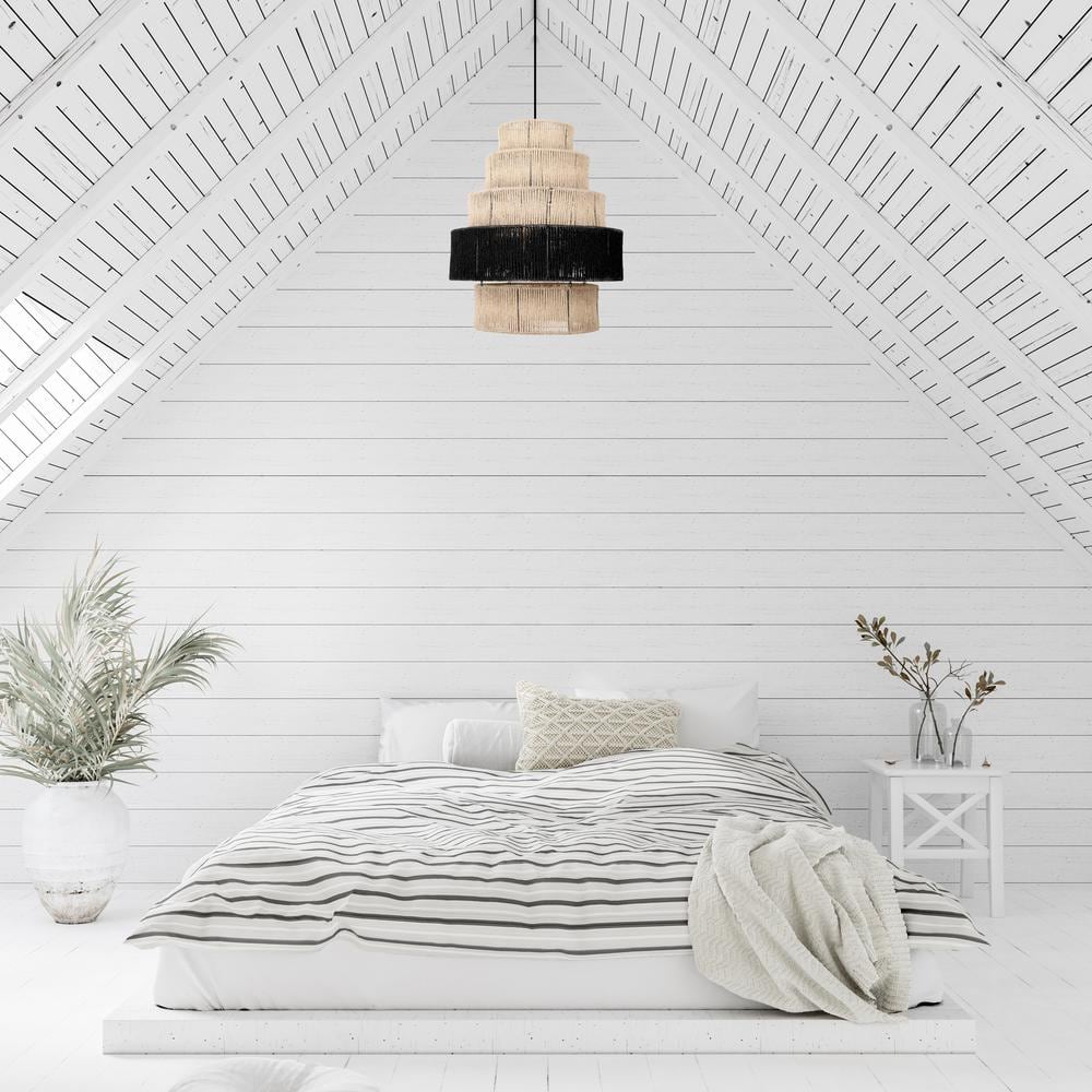 Tiered Natural and Black Jute Drum Pendant Light