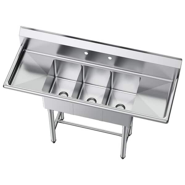 54 in. 3 Compartment Sink, 10 x 14 x 10 in. Bowl Size, 18-Gauge Stainless Steel, Commercial Sink