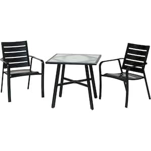 Cortino 3-Piece Commercial Rust-Free Aluminum Outdoor Bistro Set with Slat-Back Dining Chairs and 30 in. Glass-Top Table