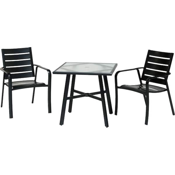 Hanover Cortino 3-Piece Commercial Rust-Free Aluminum Outdoor Bistro Set with Slat-Back Dining Chairs and 30 in. Glass-Top Table