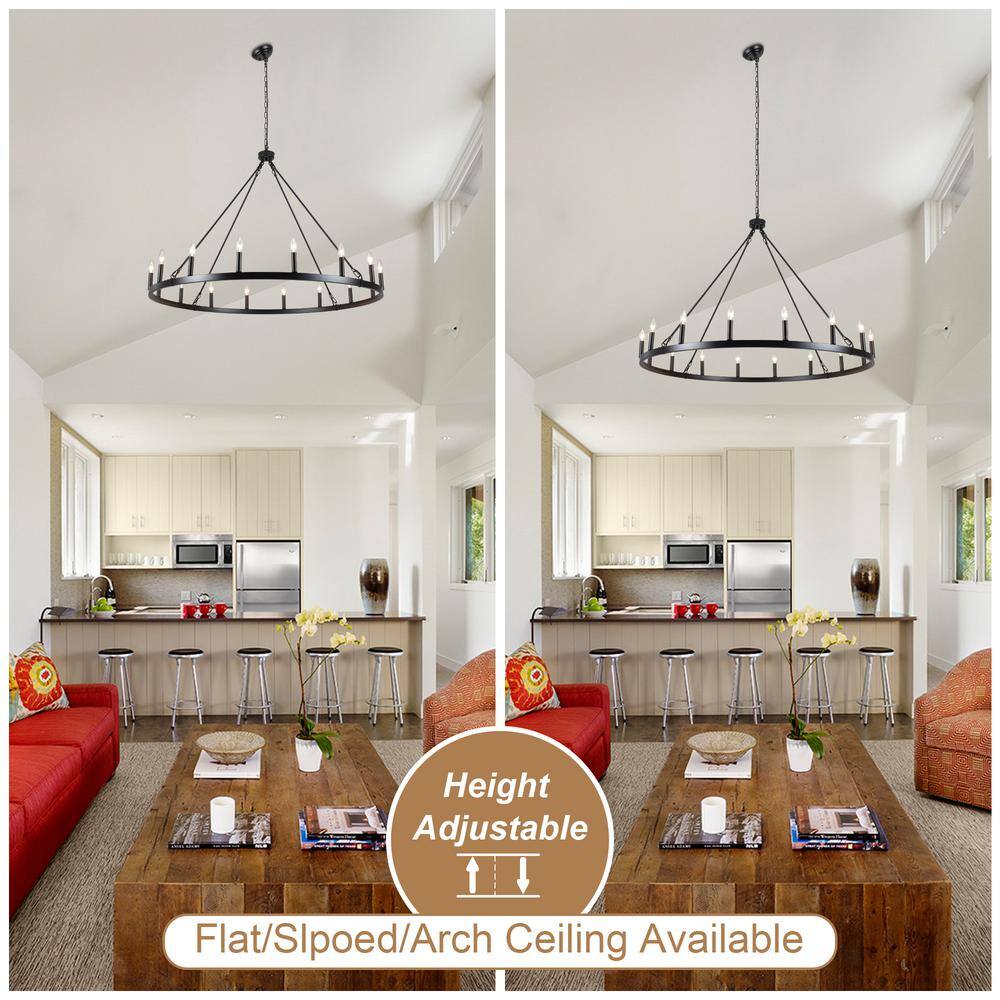 Matte Black 47-Inch Metal Candle Wagon Wheel Chandelier