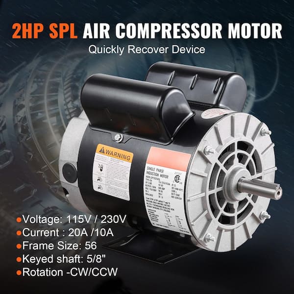 Air Compressor Motor 2HP SPL 5/8 in. Keyed Shaft Electric Motor Single Phase 115/230V 15/7.5A 56HZ Frame CW/CCW Rotation