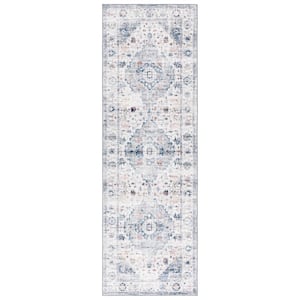 Arizona Light Blue/Ivory 3 ft. x 8 ft. Distressed Border Ornate Machine Washable Runner Rug