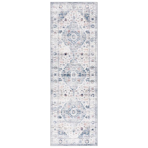 SAFAVIEH Arizona Light Blue/Ivory 3 ft. x 8 ft. Distressed Border Ornate Machine Washable Runner Rug
