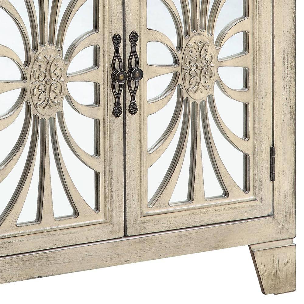 Antique White Wood and Glass Console Table with Storage