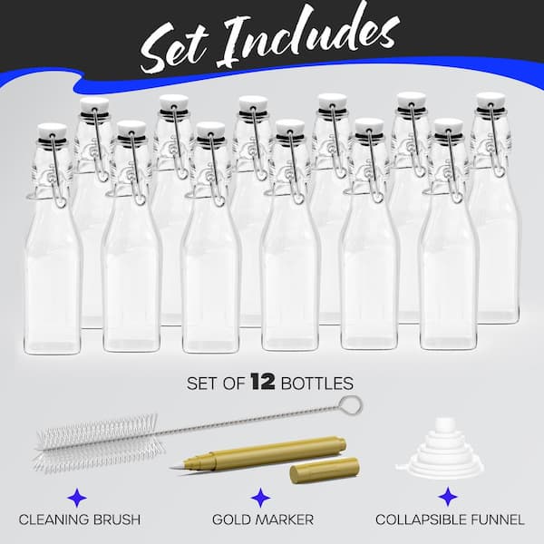 Nevlers - 12-Pack 8.5 oz. Square Glass Bottles with Swing Top Stoppers, Bottle Brush, Funnel, and Gold Glass Marker