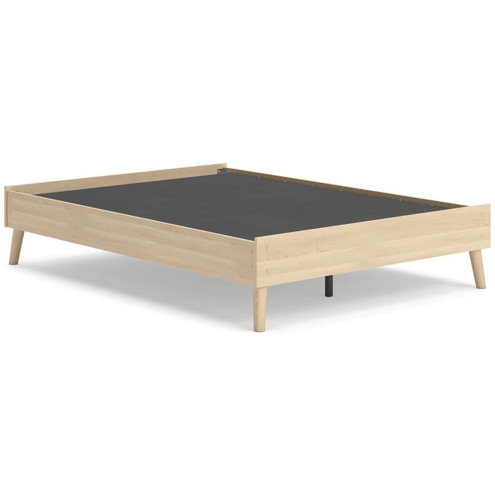 Light Brown Full Platform Bed with Wood Frame and Storage
