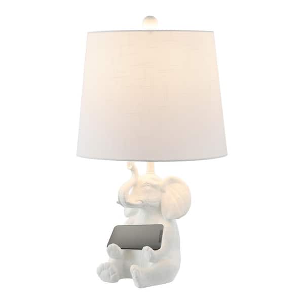JONATHAN Y Kairi 21 in. Modern Shabby Chic Resin/Iron Happy Elephant LED Kids Table Lamp with Phone Stand, White