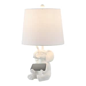 Kairi 21 in. Modern Shabby Chic Resin/Iron Happy Elephant LED Kids Table Lamp with Phone Stand, White