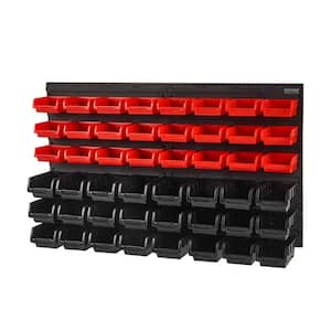 48-Bin Wall Mounted Storage Bins Parts Rack Organizer Garage Shop Tool Organizer w/Wall Panels for Nuts Black and Red