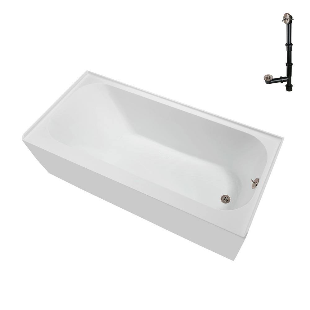 Glossy White Acrylic Right-Hand Drain Alcove Bathtub with Brushed Nickel Drain