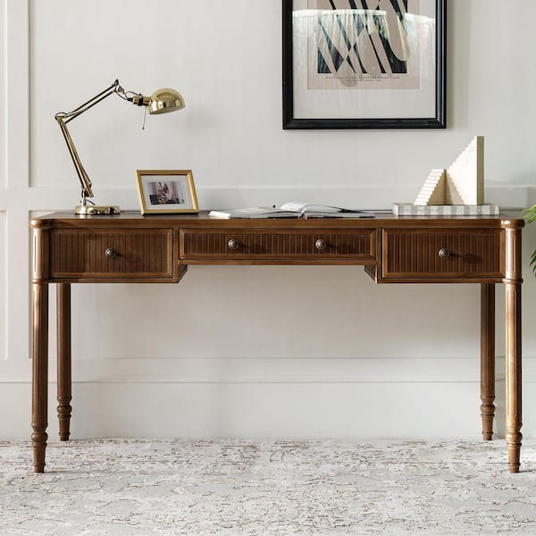 Roland 60 in. Rectangle Walnut Wood 3-Drawers Desk with Charging Station