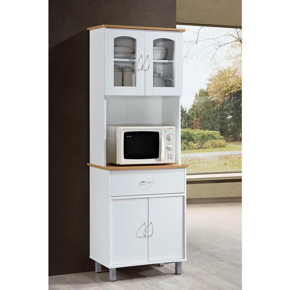 White and Natural Tall Kitchen Cabinet with Glass Doors