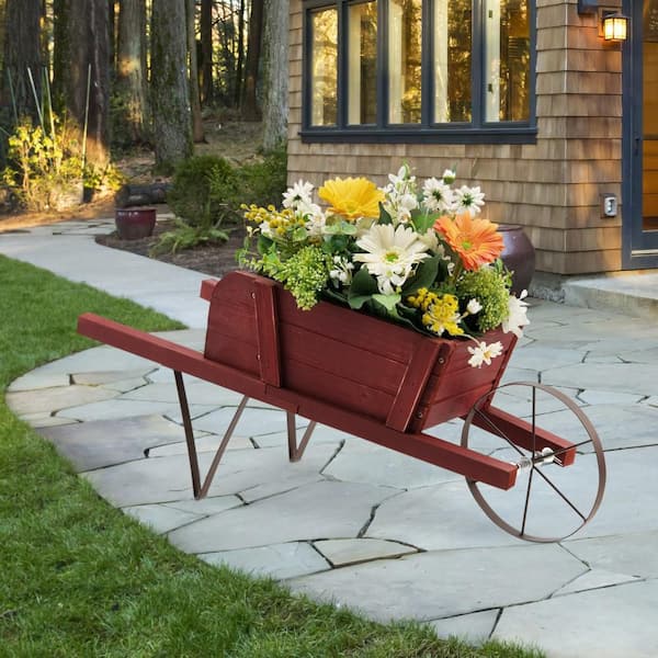 Wood Wagon Planter Decorative Indoor/Outdoor Rustic Flower Cart with Wheel Red