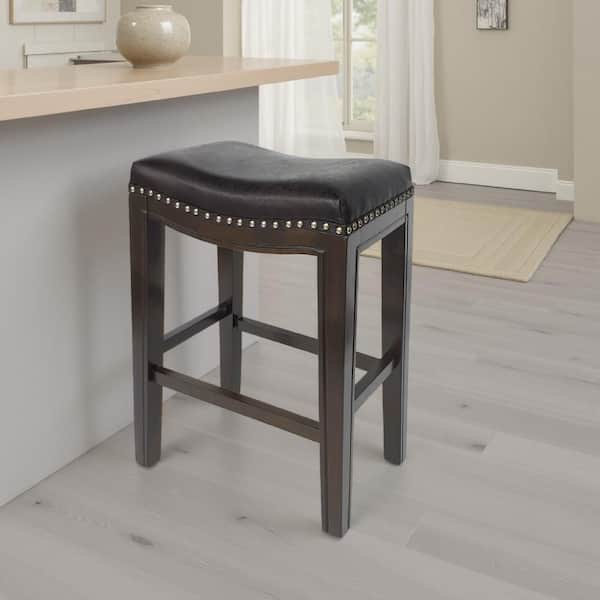 26 in. H Brown and Charcoal Gray Backless Wood Bar Stool with Faux Leather Seat Set of 2