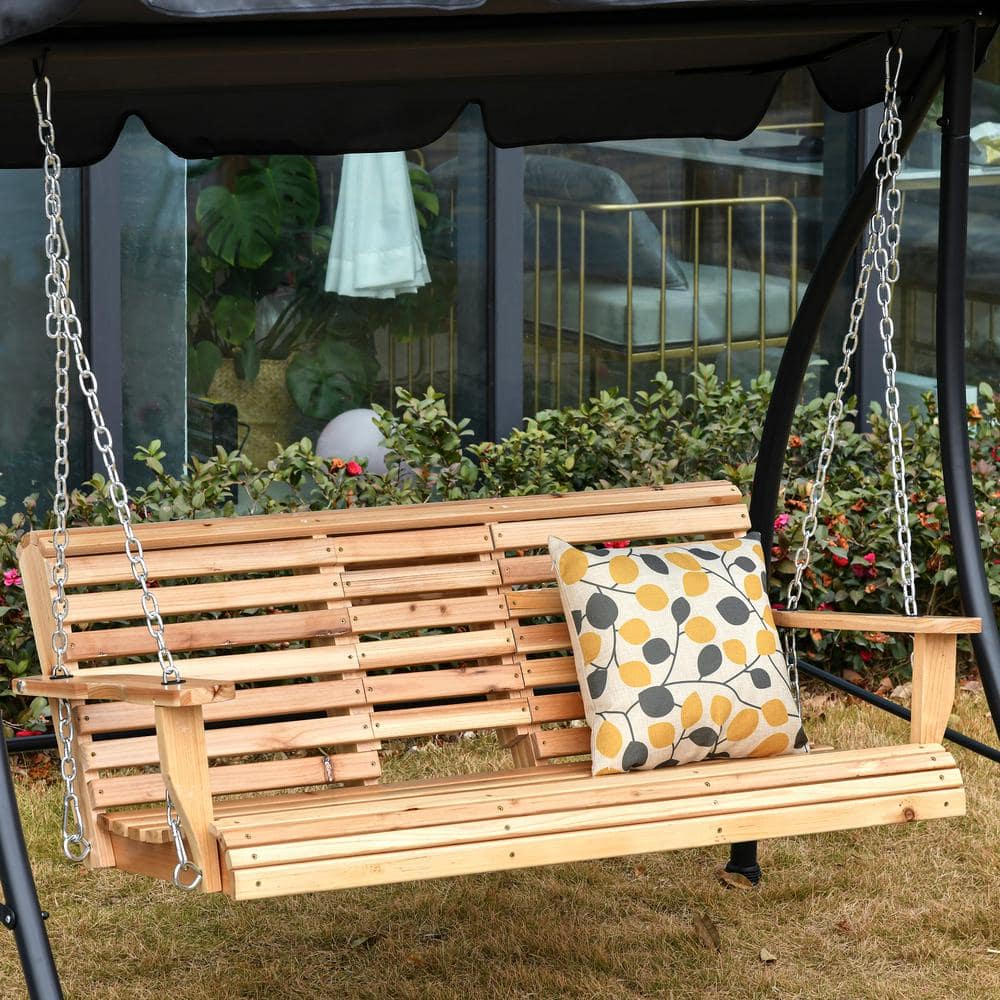 Natural Fir Wood 3-Seater Porch Swing with Folding Table