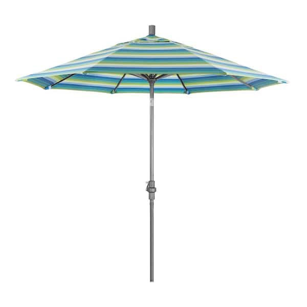 California Umbrella 9 ft. Hammertone Grey Aluminum Market Patio Umbrella with Collar Tilt Crank Lift in Seville Seaside Sunbrella