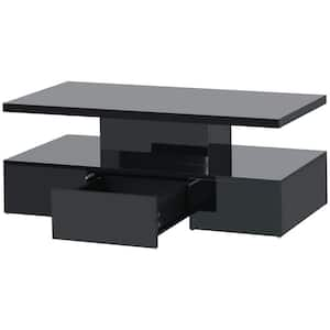 39.3 in. Black 2-Tier Rectangle Glossy Particle Board Top Coffee Table with Drawer and LED Lighting