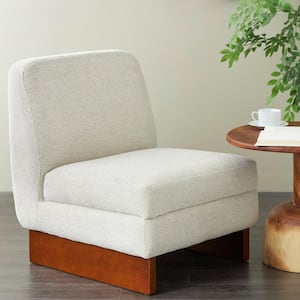 White Boucle Polyester Accent Chair with Brown Wooden Legs