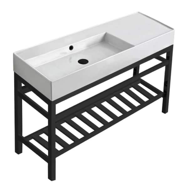 Nameeks Teorema 2-Ceramic White Console Sink and Leg Combo in Matte Black