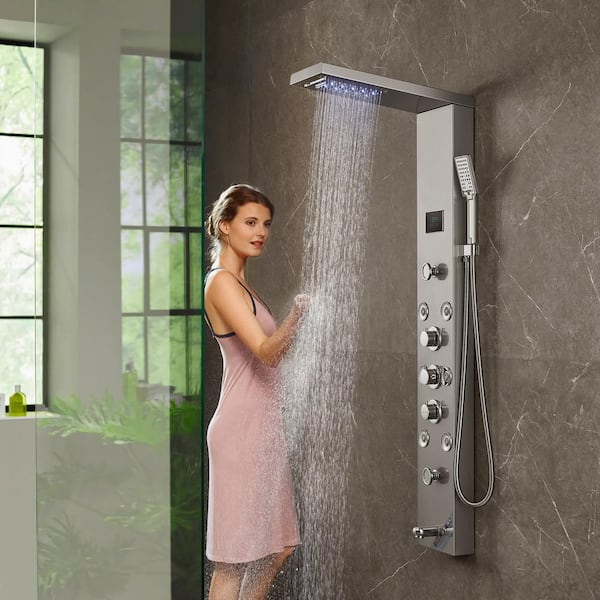 Shower Panel System 6-Shower Modes LED and Screen Hydroelectricity 8-Massage Jets Stainless Steel Shower Set