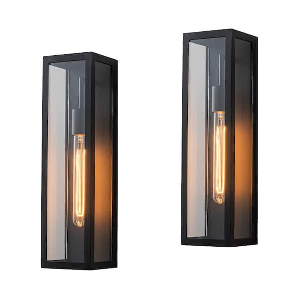 H18 in. 1-Light Minimalist Matte Black Outdoor Wall Lantern with Clear Glass Dusk to Dawn Em xterior Wall Light (2 Pack)