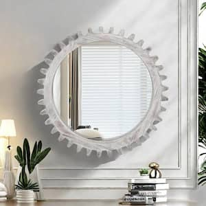 26 in. W x 26 in. H Round Framed Floating Wall Bathroom Vanity Mirror in Antiqued White Solid Wood