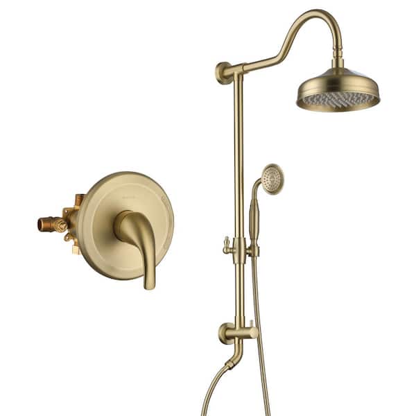 Boyel Living Retro Classic 1-Spray Patterns with 1.8 GPM 8 in. Wall Mount Dual Shower Heads with Brass Rough-In Valve in Brushed Gold