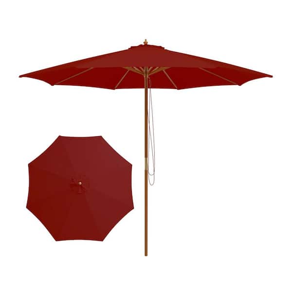 10 ft. Patio Umbrella Outdoor Table Market Umbrella with 8 Bamboo Ribs Pulley Lift and Ventilation Hole in Red