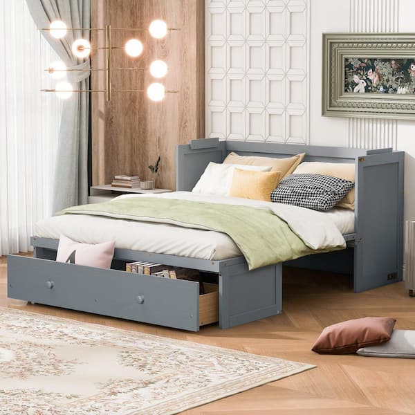 Harper & Bright Designs Gray Wood Frame Queen Size Murphy Bed with A Large Drawer, USB Port and Sockets