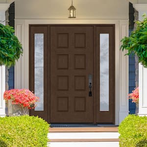 Regency 70 in. x 96 in. 8-Panel LHIS Hickory Stain Mahogany Fiberglass Prehung Front Door with Dbl 12in. Sidelites