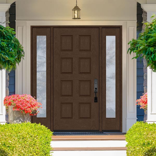 Regency 70 in. x 80 in. 8-Panel LHIS Hickory Stain Mahogany Fiberglass Prehung Front Door with dB L 12 in. Sidelights