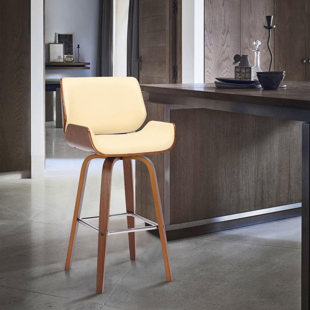 Tyler 26 in. Cream/Walnut High Back Wood Swivel Counter Stool with Faux Lea