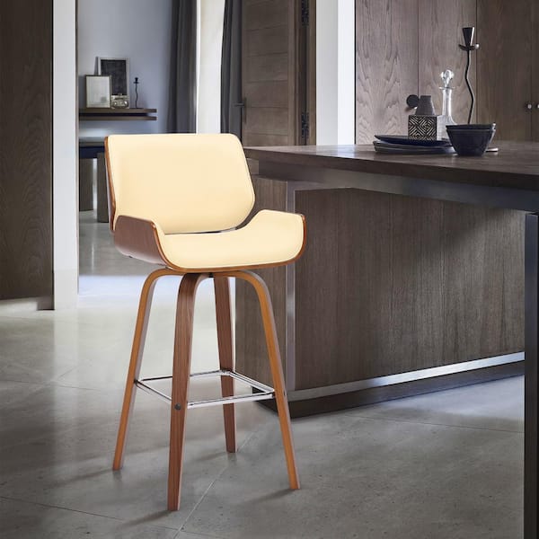 Armen Living Tyler 26 in. Cream/Walnut High Back Wood Swivel Counter Stool with Faux Leather