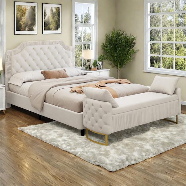 Noble House Eloise White Wood Frame Full Size Modern Velvet Platform Bed with Storage Ottoman and Tufted Headboard