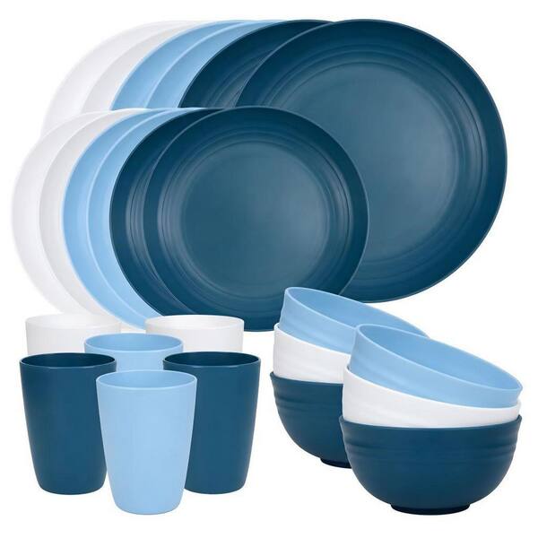 24-Piece Unbreakable Dinnerware Sets, Plastic Dish Set for Camping, Kitchen, Apartment, Blue