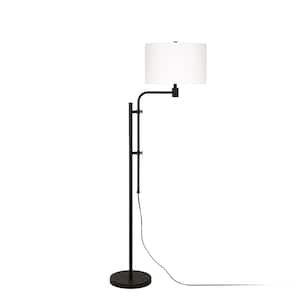 71 in Black and White Adjustable Standard Floor Lamp With White Frosted Glass Drum Shade