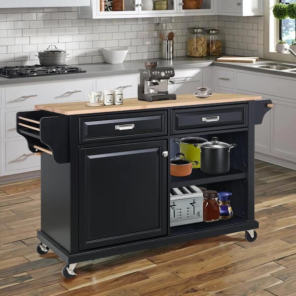 Staykiwi Black Solid Wood Kitchen Cart with Drop Leaf, Spice Rack, Towel Rack and 2- Drawers