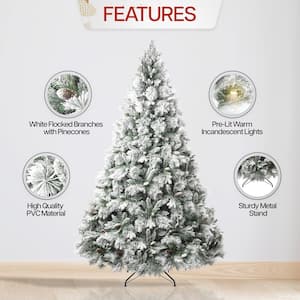 7.5ft. Frosted Snow Flocked Prelit Artificial Christmas Tree with Pine Cones, Foot Pedal, 700-Warm Light and Metal Stand