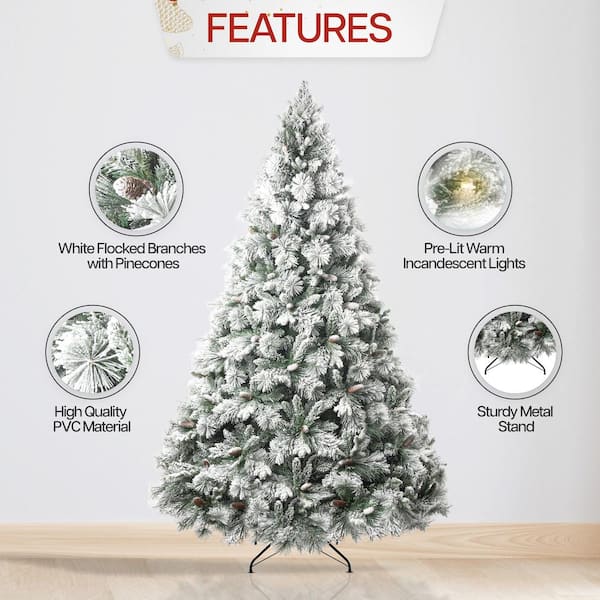 HOMESTOCK 7.5ft. Frosted Snow Flocked Prelit Artificial Christmas Tree with Pine Cones, Foot Pedal, 700-Warm Light and Metal Stand
